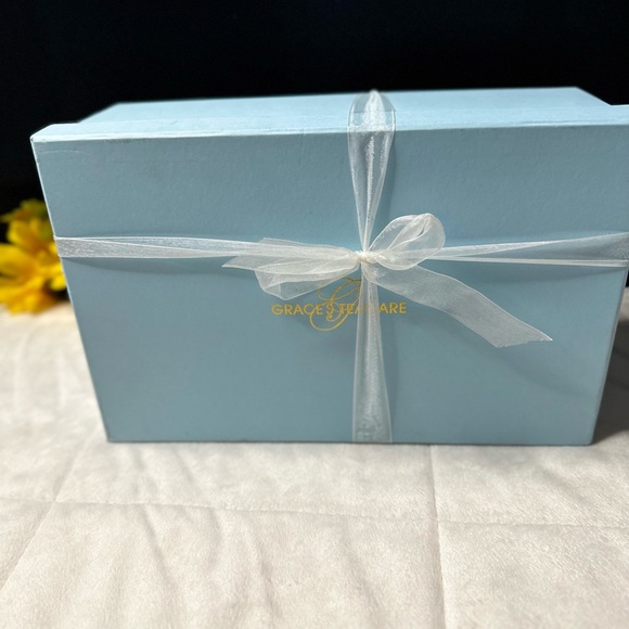 New Grace’s Teaware Tea Cup & Saucer Set For 2 Blue Squared Pattern w/Gold Trim - Picture 10 of 11